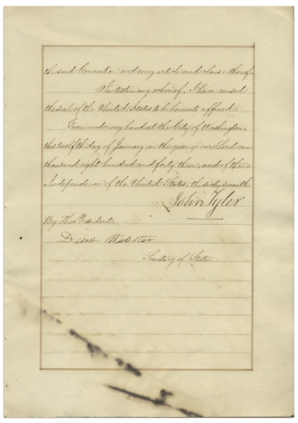 President John Tyler Signed Treaty of Peru -- Tyler's Signature Here on 12 January 1843 Ratifies the 1841 Treaty